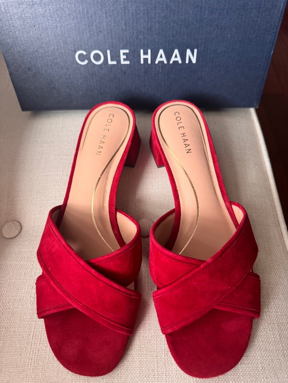NWT Cole Haan London 40mm Suede Slide Sandals | Red | US 8.5 / EU 39 | Box